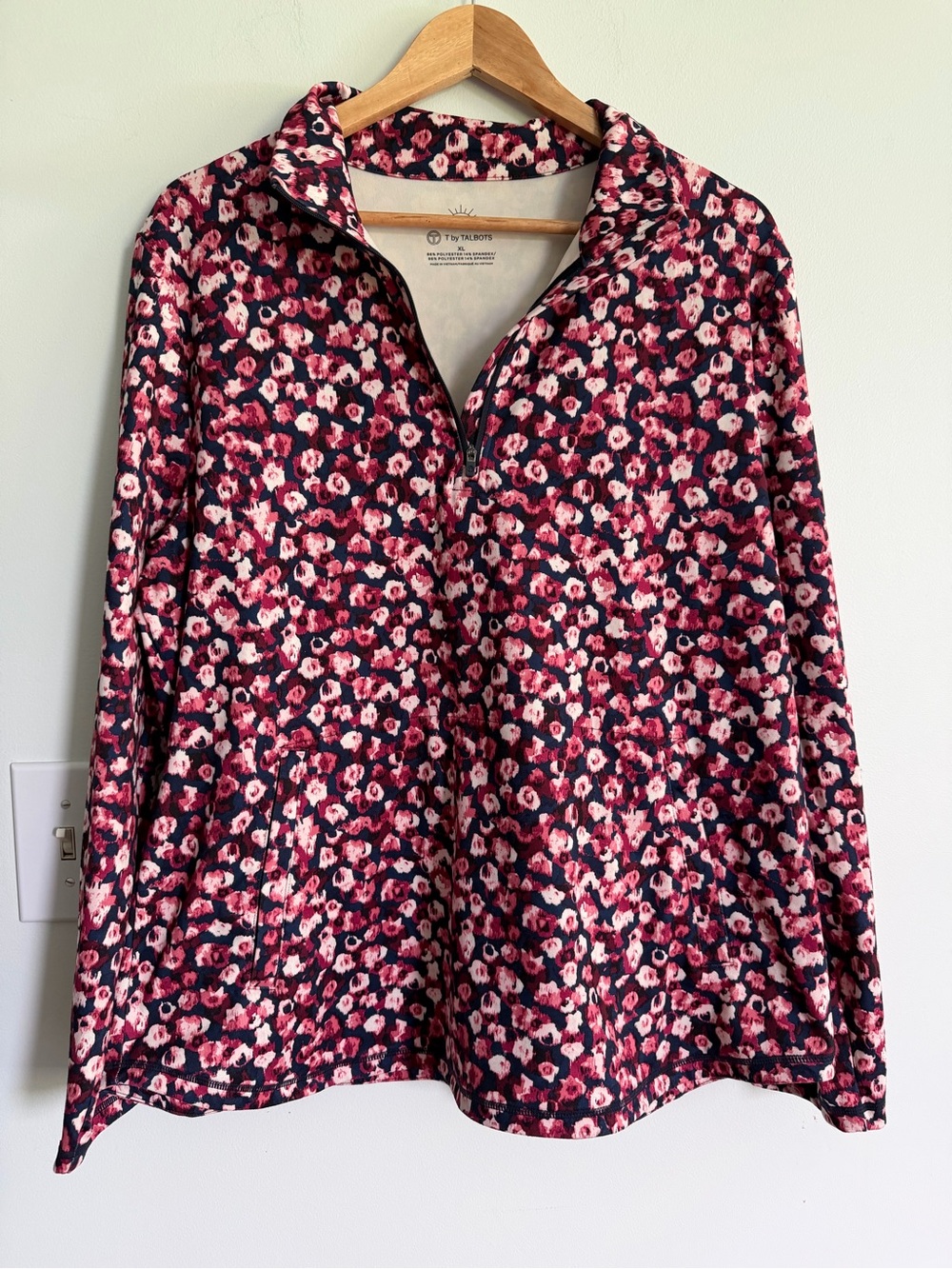 Talbots Patterned Quarter-Zip Pullover in Pink and Navy Dot UPF Protection